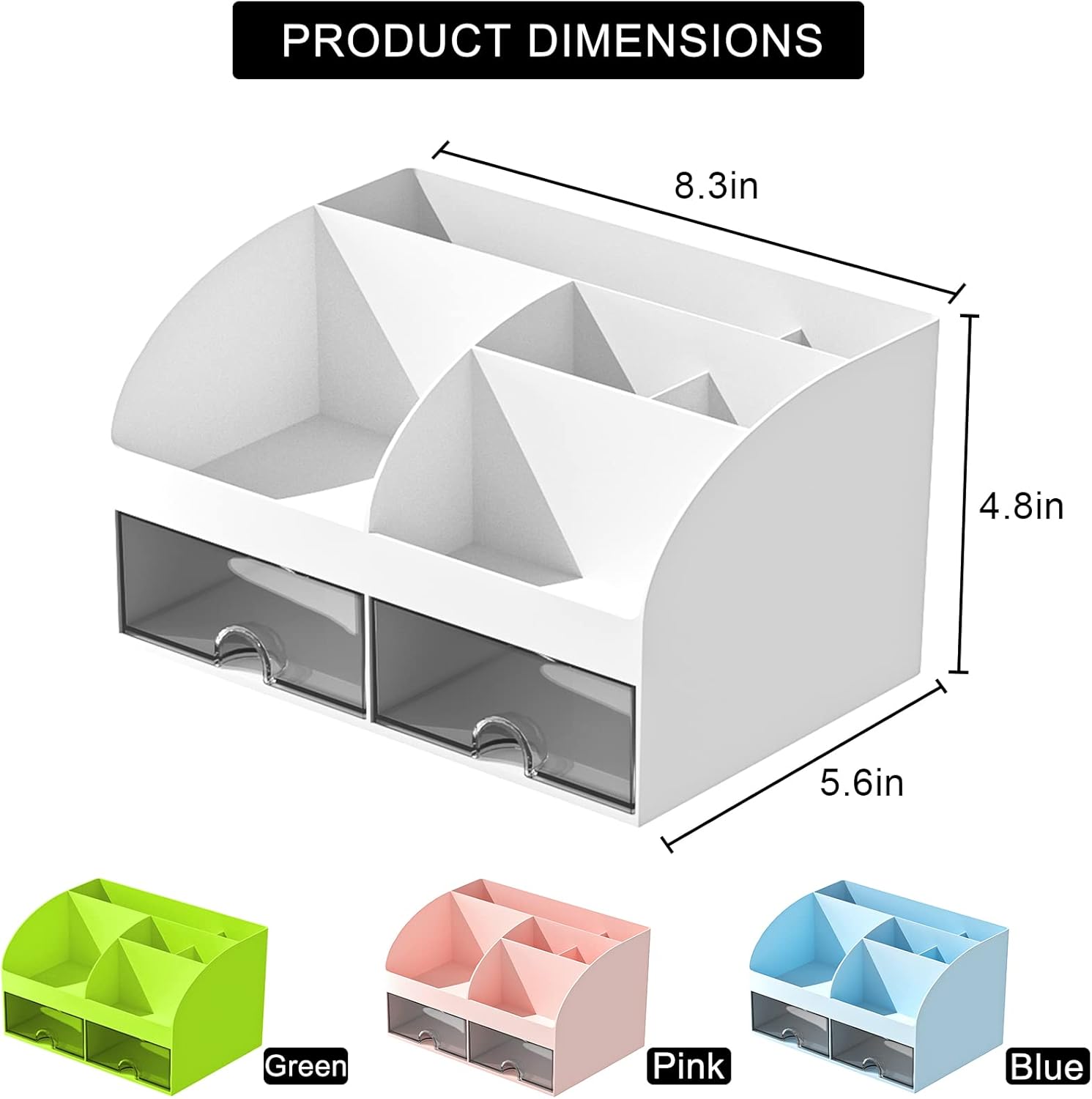 Desktop Organizer, 6 Compartments, 2 Drawers, White - Image 2