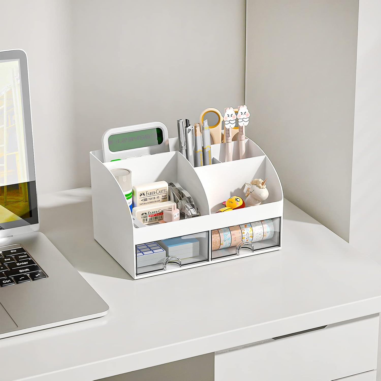 Desktop Organizer, 6 Compartments, 2 Drawers, White - Image 3