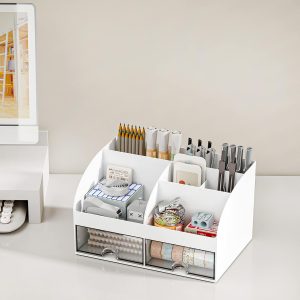 Desktop Organizer, 6 Compartments, 2 Drawers, White