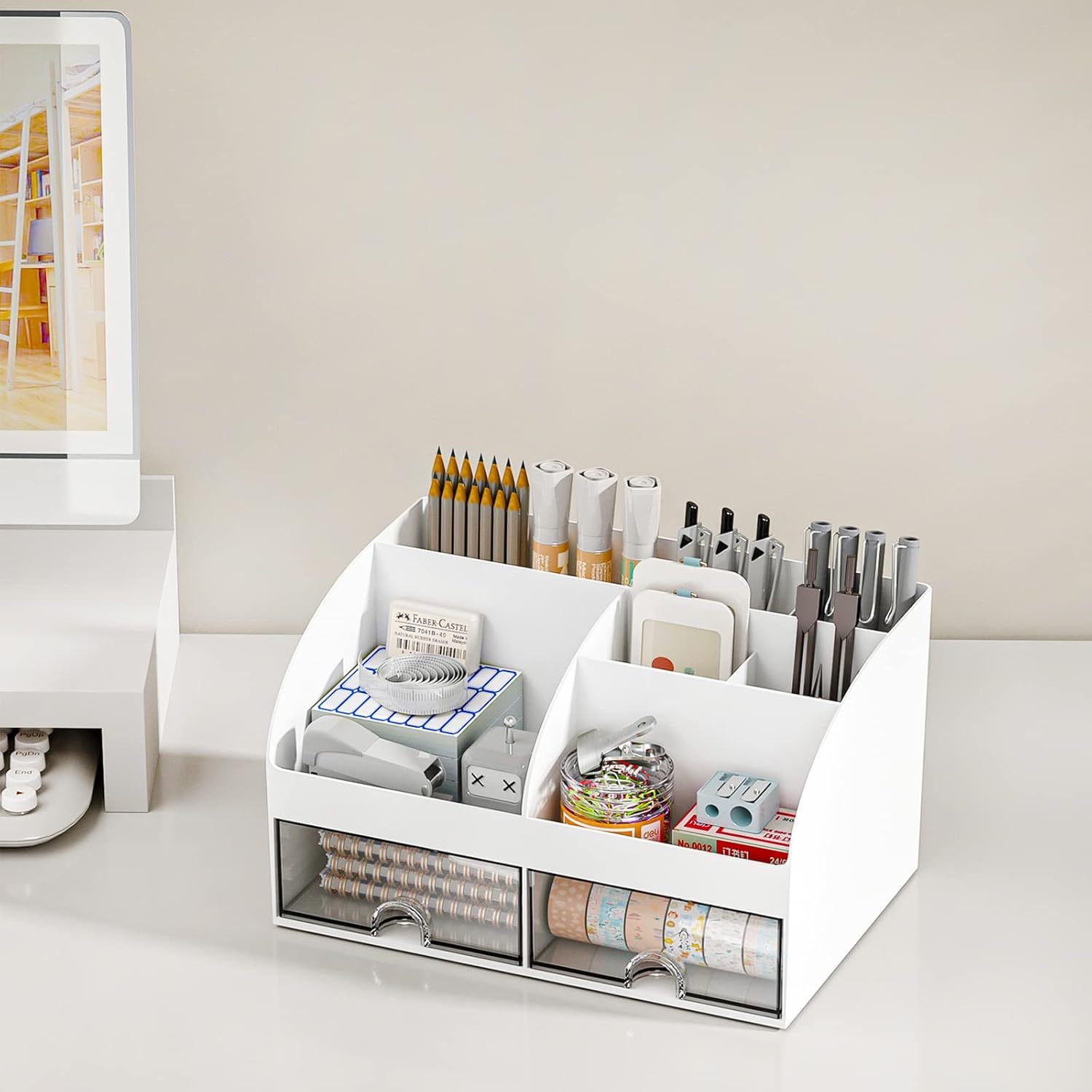 Desktop Organizer, 6 Compartments, 2 Drawers, White