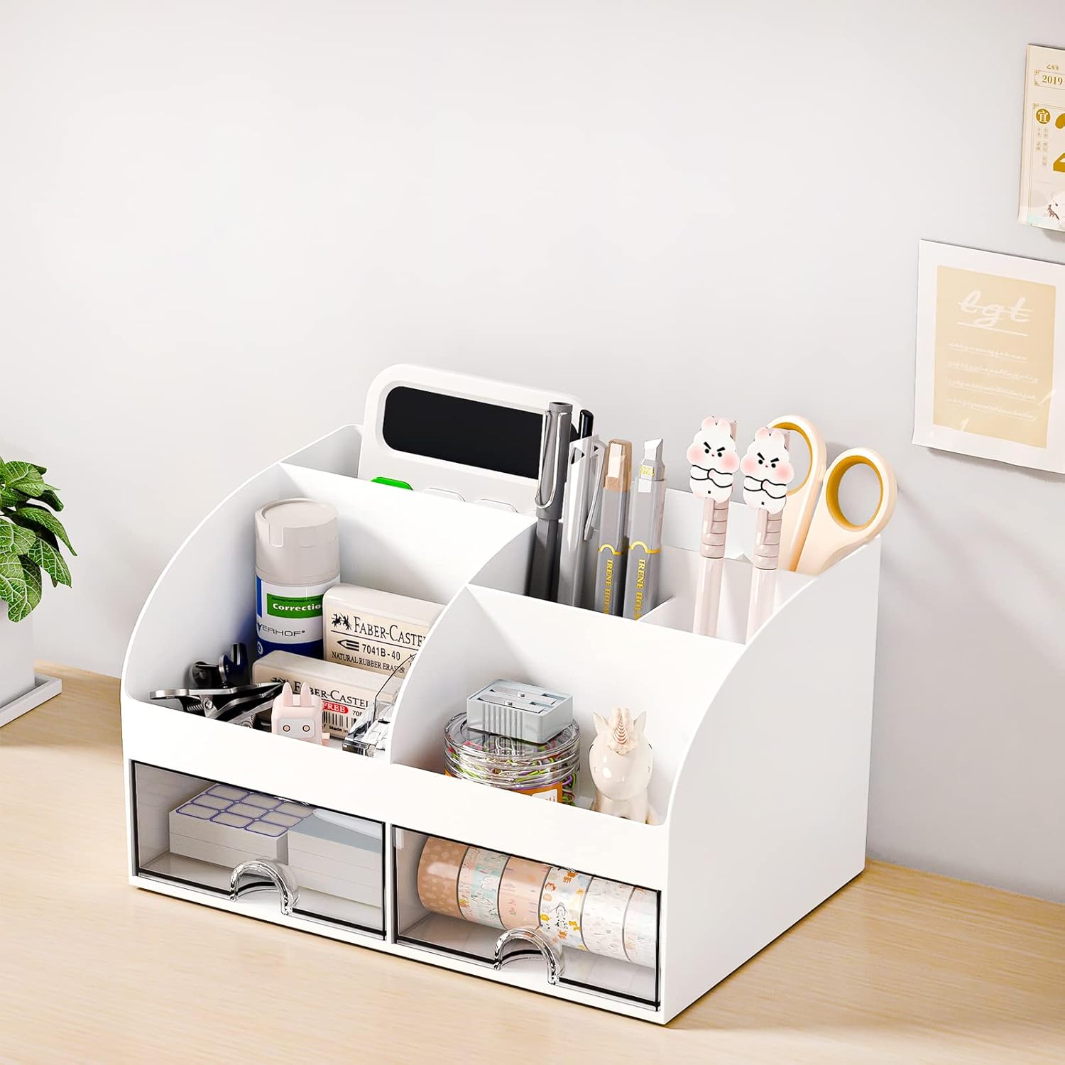 Desktop Organizer, 6 Compartments, 2 Drawers, White - Image 4