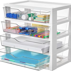 Clear 4-Tier Desktop File Organizer with Drawers