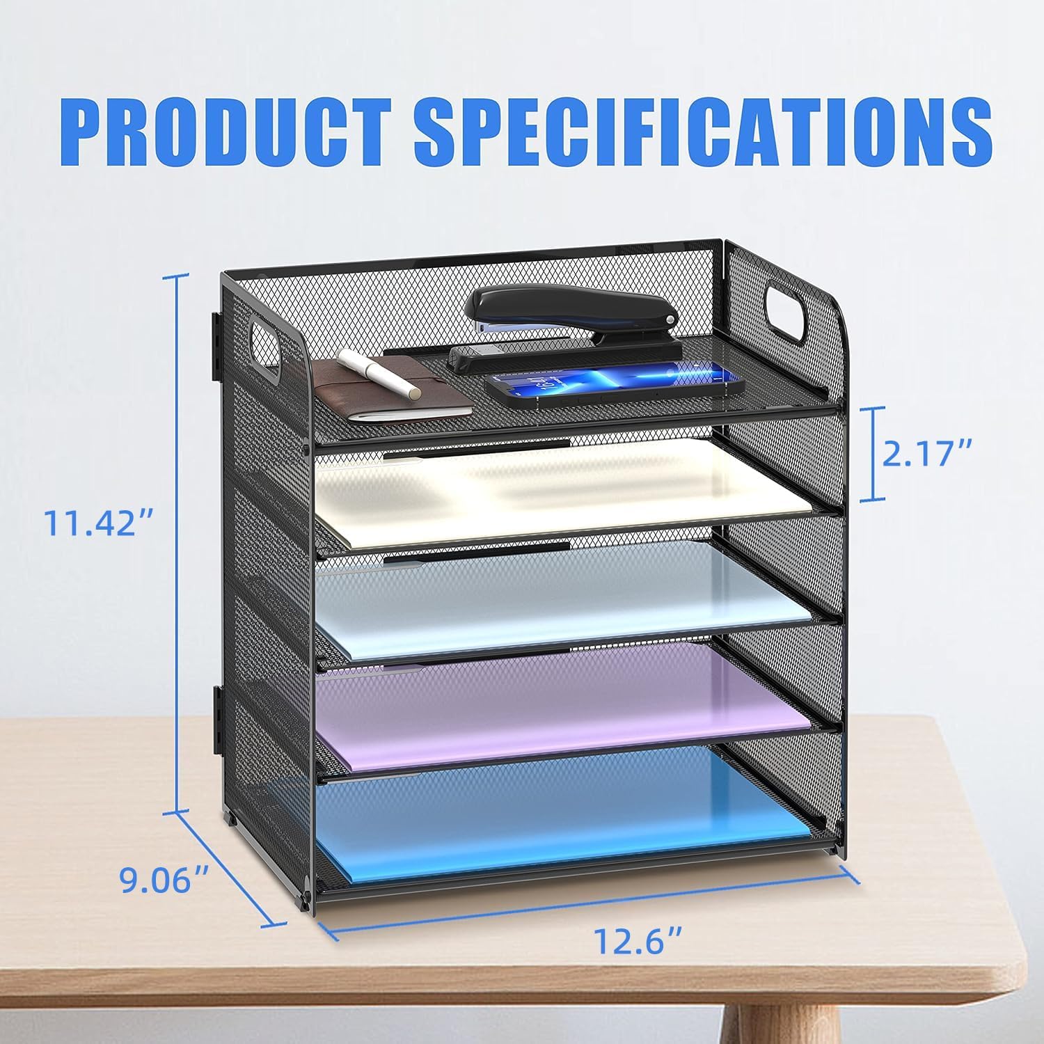 5-Tray Mesh Paper Organizer with Handle - Image 5