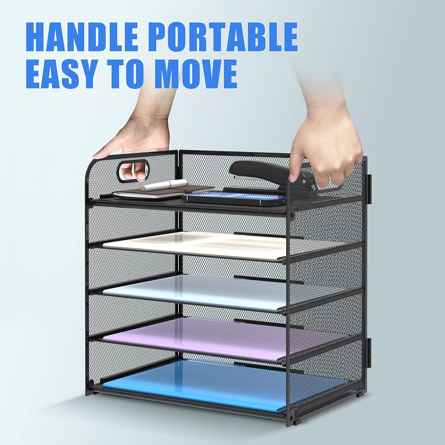5-Tray Mesh Paper Organizer with Handle - Image 4